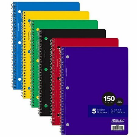 BAZIC PRODUCTS 5 Subject Wide Ruled Spiral Notebook - 150 Sheets  Assorted Cover Colors, 24PK BA36569